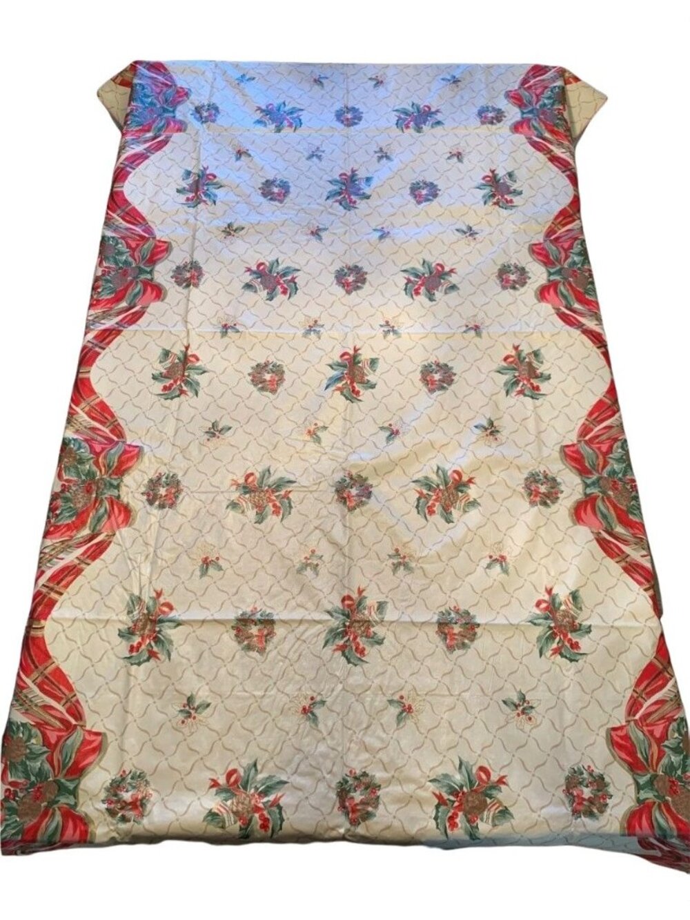 Vintage Christmas Vinyl Tablecloth 52"x90" Red Green Bows Wreaths Rectangle Felt